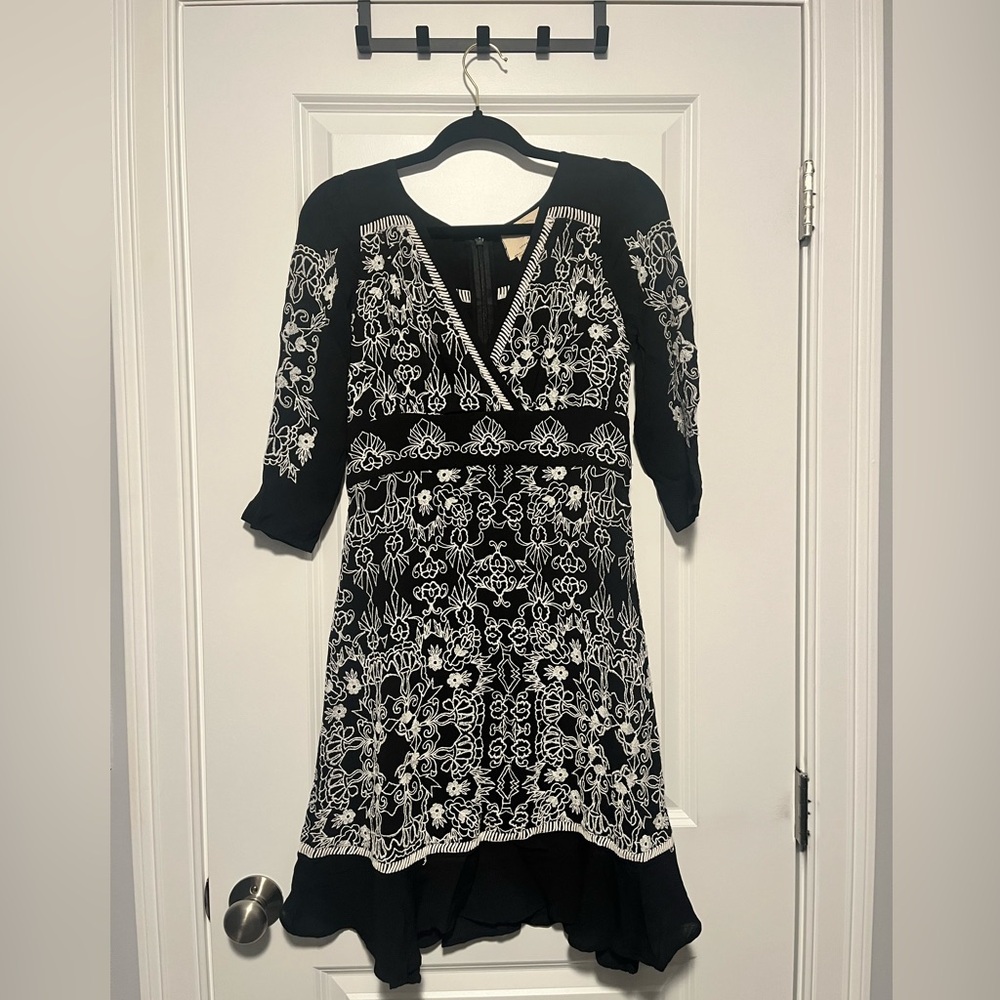 Anthropologie Black and White Embroidered Midi Dress V-Neck 3/4 Sleeve A-Line